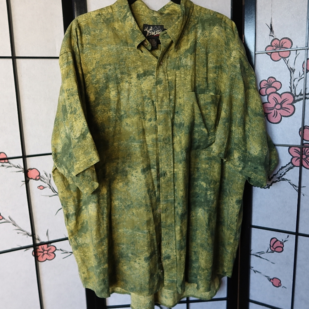 Vintage Dick Idol Marbled Green Yellow Silk Blend Button Down Shirt Size XL